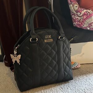 Steve Madden Black Quilted Satchel with Butterfly Charm NWOT